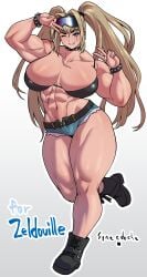 1girls abs alternate_version_available big_breasts blonde_hair blue_eyes booty_shorts breasts choker cute cute_face ear_piercing earrings female female_only muscles muscular_female one_eye_closed peace_sign scar scars scars_all_over smile solo solo_female solo_focus synecdoche thick_thighs thighs twintails