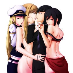 4girls character_request crossover darker_than_black female hazuki_mina_(darker_than_black) hug imminent_kiss kissing mina_hazuki multiple_girls nude source_request tagme xiao_jie yuri