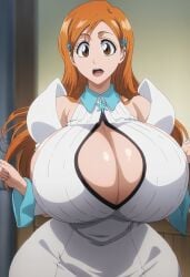 1girls ai_generated big_breasts bleach bleach:_the_thousand-year_blood_war breasts cleavage cleavage_cutout ebisu-frr female female_only huge_breasts inoue_orihime large_breasts light-skinned_female light_skin long_hair massive_breasts orange_hair solo solo_female solo_focus