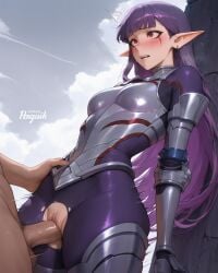 1boy 1girls ai_generated armor armored_female bangs bent_over blush bodysuit ear_piercing esil_radiru facial_markings female fucked_silly hip_grab long_hair male/female missionary missionary_position motion_lines open_mouth patreon_username penetration penguih penis pointy_ears purple_hair pussy red_eyes shy sky small_breasts solo_leveling standing standing_missionary standing_sex straight torn_clothes trembling vagina vaginal_penetration vaginal_sex