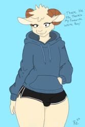 1boy 2d anthro black_shorts blue_hoodie booty_shorts bulge bulge_through_clothing femboy furry gay girly goat hand_in_pocket horns looking_at_viewer male male_only ram ram_horn rammie_(jschlatt) rockerz simple_background solo talking_to_viewer thick_hips thick_thighs white_fur