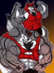 2019 5_fingers absurd_res anthro big_bulge big_muscles body_hair bulge canid canine canis chest_hair clothing countershading domestic_dog fierglief fingers fist flexing grey_body grin hi_res hoodie huge_bulge huge_muscles hyper hyper_muscles looking_at_viewer male mammal muscular raised_arm red_clothing red_eyes red_hoodie red_topwear sleeveless_hoodie smile solo swaggy topwear torn_clothing underwear veiny_muscle white_body white_countershading