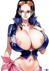 1girls ai_generated areola areola_slip black_hair blue_eyes breasts_out busty clothing color female female_only huge_breasts jackal large_breasts long_hair looking_away narrow_waist nico_robin one_piece open_clothes priestofart simple_background solo_female solo_focus tagme tagme_(artist) tagme_(character) thin_waist upper_body watercolor_(artwork) watermark white_background