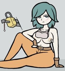 aplovestudio blush breasts_out female freckles goggles_around_neck hair looking_at_viewer motorslice mouse_cursor p_(motorslice) partially_nude poking_breasts poking_nipples sitting teal teal_eyes weapon