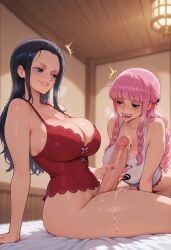 ai_generated big_ass big_breasts bomboclatt3000 clothing cum cum_in_mouth futa_on_futa futa_only futanari handjob horny miss_perona nico_robin oiled_skin one_piece perona shiny_skin thick_thighs