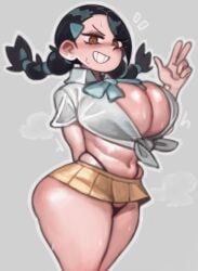 1girls big_breasts breasts candice_(pokemon) female female_focus female_only human human_female human_only kelvin_hiu light-skinned_female light_skin nintendo pixiv_link pokemon pokemon_dppt skirt solo solo_female thick_thighs thighs thong twintails wide_hips