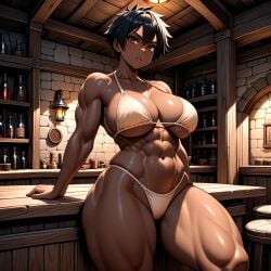 1girls abs ai_generated athletic athletic_female beige_bikini big_breasts bikini black_hair breasts curvy dark-skinned_female dark_skin female_only looking_at_viewer muscular muscular_female original original_character serious short_hair tavern thick_thighs thighs tomboy voluptuous voluptuous_female