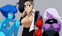 2girls 3girls amethyst_(steven_universe) bangs black_eyes black_hair blue_body blue_eyes blue_hair blue_skin bra breasts breasts_out casual_nudity character_request closed_mouth clothing collared_shirt colored_nipples colored_skin coolerinker copyright_request crossover dark_nipples earrings female gem gem_(species) hair_over_one_eye half-closed_eyes head_rest huge_breasts inker_comics inkershike jacket jewelry knee_up lapis_lazuli_(steven_universe) large_breasts long_hair looking_at_another looking_at_viewer multiple_girls navel nipples nude open_clothes purple_body purple_skin red_bra removing_bra shirt short_hair sitting steven_universe white_hair white_shirt