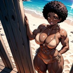 1girls abs african_female afro ai_generated athletic beach beige_bikini big_breasts bikini black_hair breasts brown_eyes curvy dark-skinned_female dark_skin female looking_at_viewer muscular muscular_female original original_character smile thick_thighs thighs toned toned_female voluptuous voluptuous_female