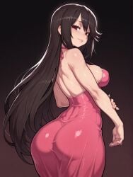 1girls agnes_oblige ai_generated ass_focus bravely_default:_flying_fairy breasts brown_hair clothing cocktail_dress dark_background large_ass looking_at_viewer medium_breasts pink_clothing red_eyes seductive sole_female solo