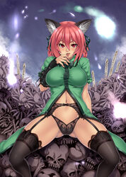 animal_ears black_panties black_suspenders black_thighhighs bones cat_ears dress gloves green_dress green_gloves houtengeki panties red_eyes red_hair ribbon rin_kaenbyou skulls suspenders thighhighs touhou