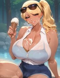 ai_assisted ai_generated ass big_ass big_breasts bikini blonde_hair bra brown_eyes cameltoe curvaceous curvy curvy_female curvy_figure dark-skinned_female earrings female female_only fully_clothed gyaru horny horny_female huge_breasts ice_cream ice_cream_on_breasts jean_shorts komi-san_wa_komyushou_desu large_breasts leopard_print licking licking_lips looking_at_viewer manbagi_rumiko mature_female pale_skin patreon patreon_username pressing_breasts shirt slim_waist smirk smirking_at_viewer sogo sunglasses sunglasses_on_head tanline tanline_peek tanlines teasing thick_thighs tight_clothing tongue wholesome wide_hips