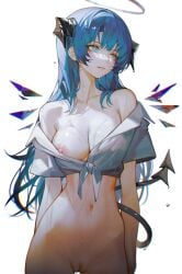 arknights bare_shoulders black_horns blue_eyes blue_hair breasts censored cleavage commentary_request demon_girl demon_horns demon_tail detached_wings female forward_facing_horns halo highres horns iumu long_hair looking_to_the_side medium_breasts mosaic_censoring mostima_(arknights) navel nipples one_breast_out pussy shirt short_sleeves simple_background solo stomach tail tied_shirt wet white_background white_shirt wings