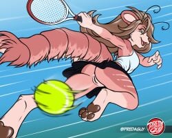 action_pose antennae_(anatomy) anthro arthropod ball big_ears bottomwear breasts clothed clothing crustacean digitigrade feet female fluffy fluffy_tail foreshortening fur genitals hair hi_res hybrid jumping long_hair looking_at_viewer mammal marine miniskirt mustelid otter pawpads paws pink_body pink_fur playing_sport pose predaguy pussy shirt shrimp skirt smile solo speed_lines sport tail tank_top tennis tennis_ball tennis_racket toepads toes topwear upskirt