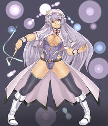 boots breasts cleavage cleavage_cutout clothes color female female_only footwear front_view grin hair holding houtengeki long_hair looking_at_viewer open_eyes patchouli_knowledge purple_background purple_eyes purple_hair purple_theme solo standing stockings thighhighs touhou wand
