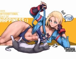 abs alternate_costume angry ass blonde_hair bracelet breasts cammy_white capcom cleavage facial_scar fat_breasts feline feline fighter fingerless_gloves glass_bottle gloves hershuar highres juri_han large_breasts lemon leotard long_hair scar scar_on_cheek shiny_skin squeezing street street_fighter street_fighter_6 tied_hair