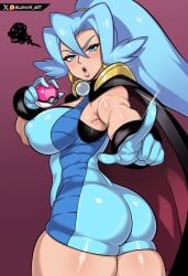 1girl ass blannis_art blue_eyes bodysuit cape clair_(pokemon) clothed female finger_gesture gloves gym_leader huge_ass large_breasts light_blue_hair looking_at_viewer loveball nipple_outline patreon pokeball pokemon pokemon_gsc ponytail simple_background straight thick_thighs