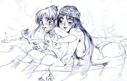 2girls ainu ass black_hair blush breast_grab breasts female from_behind half-closed_eyes hanging_breasts headband ink long_hair monochrome multiple_girls onsen open_mouth pen smile steam tears water wet yuri