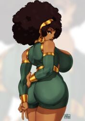 1girls afro black_hair commission dark-skinned_female dark_skin female female_only from_behind hairband huge_breasts large_ass looking_at_viewer looking_back rear_view solo tovio_rogers v