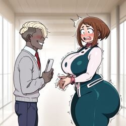 1boy 1girls ai_assisted ai_generated big_ass big_breasts blackmail blonde_hair bodysuit civitai dark-skinned_male eyeless_male huge_ass kalagod my_hero_academia ochako_uraraka tagme thick_thighs wide_hips