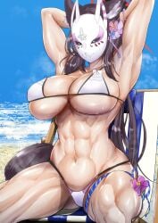 1girls abs armpits arms_up beach beach_chair bikini bikini_bottom black_hair blue_archive breasts cleavage female female_focus female_only flower flower_in_hair hair hair_ornament kemonomimi kitsune kitsune_mask l1female large_breasts long_hair mask masked masked_female muscular muscular_female muscular_legs muscular_thighs seated shaved_armpit shiny shiny_skin sitting sitting_on_chair skimpy skimpy_bikini solo solo_female solo_focus sweat sweatdrop sweating sweaty sweaty_body sweaty_breasts sweaty_thighs teaindian thick_thighs thighs toned toned_body toned_female toned_stomach wakamo_(blue_archive) wakamo_(swimsuit)_(blue_archive)