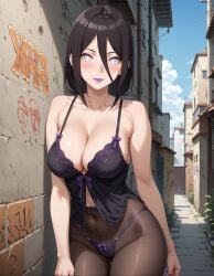 1girls against_wall ai_generated alley babydoll bare_chest bare_shoulders big_breasts boruto:_naruto_next_generations breast_focus breasts brown_hair busty cleavage collarbone dress graffiti graffiti_on_wall huge_breasts hyuuga_hanabi large_breasts lavender_eyes light-skinned_female light_skin lingerie lipstick long_hair nail_polish naruto naruto_(series) no_bra oppai outdoors panties pantyhose pinup ponytail presenting presenting_breasts prostitute prostitution revealing_clothes skimpy skimpy_clothes solo solo_focus tied_hair upper_body very_long_hair voluptuous waifuinvoker