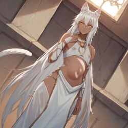 ai_generated animal_ears bloated_belly bloated_tummy breeding_slave cat_ears cat_tail catboy cleric corruption_of_champions_ii cuntboy cuntboy_focus cuntboy_only femboy femboy_focus femboy_only gold_eyes golden_eyes harem_boy harem_clothing harem_outfit intersex lactating lactating_nipples lactating_through_clothing lactation lactation_through_clothes lactation_without_stimulation, linea_nigra long_hair long_tail mpreg neutral_expression original_character pregnancy pregnant pregnant_belly pregnant_male slightly_muscular slightly_pregnant tan_body tan_skin thick_legs thigh_highs thigh_socks thighhighs transmasc white_clothes white_hair