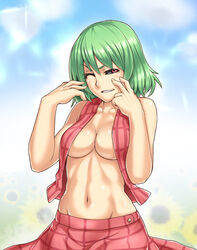 beige_skin black_sclera breasts clothes color day female female_only flower front_view green_hair hair houtengeki kazami_yuuka looking_at_viewer navel one_eye_closed outdoors plaid red_eyes short_hair skirt solo touhou vest wink yuka_kazami