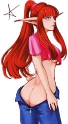 1girls ass ass_focus big_ass blue_eyes breasts eiselin_hulkenberg female female_focus female_only hulkenberg jeans long_hair metaphor:_refantazio ponytail red_draws red_hair solo solo_female solo_focus underboob