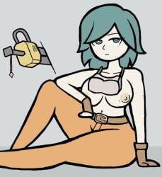 aplovestudio breasts_out female freckles goggles_around_neck hair looking_at_viewer motorslice p_(motorslice) partially_nude sitting teal teal_eyes weapon