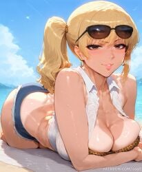 ai_generated ass big_ass big_breasts bikini blonde_hair bra brown_eyes cameltoe curvaceous curvy curvy_female curvy_figure dark-skinned_female earrings eating female female_only fully_clothed gyaru horny horny_female huge_breasts jean_shorts komi-san_wa_komyushou_desu large_breasts leopard_print looking_at_viewer looking_back lying lying_on_stomach manbagi_rumiko mature_female pale_skin patreon patreon_username pressing_breasts shirt slim_waist smirk smirking_at_viewer sogo sunglasses sunglasses_on_head tanline tanline_peek tanlines thick_thighs tight_clothing wholesome wide_hips