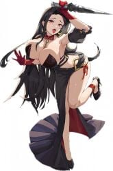 1girl 1girls 2d big_breasts black_dress black_hair blade breasts_against_glass dagger dark_dress dark_hair enigma_of_sepia female_only genderswap_(mtf) girl_only joker_(persona) mirage_(enigma_of_sepia) official_art only_female open_mouth persona png red_eyes tagme tongue_out white_skin white_skinned_female