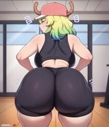 1girls ai_generated ass black_shirt black_shorts blonde_female blonde_hair breasts bubble_butt dat_ass female_only gym_clothes horns huge_ass kobayashi-san_chi_no_maidragon light-skinned_female looking_at_viewer lucoa lucoa_(maidragon) quetzalcoatl_(dragon_maid) rednyx shorts thick_thighs thighs two_tone_hair