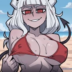 1girls accurate_art_style ai_generated artist_name beach beach_background big_breasts bikini demon_girl demon_horns helltaker hi_res long_hair looking_at_viewer lucifer_(helltaker) mole mole_under_eye nipples_visible_through_clothing red_bikini red_eyes seductive seductive_smile smile tagme un0rth0 wet wet_body white_hair white_horns