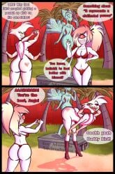 andrealphus_(helluva_boss) angel_dust_(hazbin_hotel) anthro ass ass_tattoo beach beach_background big_ass big_booty big_butt bikini cherri_bomb_(hazbin_hotel) crossdressing femboy freckles_on_face hazbin_hotel helluva_boss pubes pubes_exposed sling_bikini slingshot_bikini small_penis small_penis_humiliation statue suggestive_gesture suggestive_pose tattoo_on_butt terrys_place