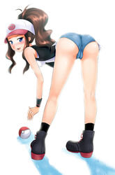 anus ass bare_legs baseball_cap bent_over blue_eyes blush boots brown_hair cameltoe denim_shorts fat_mons female female_only hilda_(pokemon) human impossible_clothes long_hair missnips nintendo no_panties poke_ball pokemon pokemon_bw ponytail pussy shadow shoes shorts socks solo solo_female standing thighs tied_hair uncensored vest