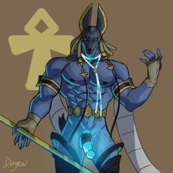 abs anthro anubis canid canine canis deity dislyte drew_(dislyte) durgewoof egyptian_mythology erection genitals glowing glowing_genitalia glowing_penis hi_res jackal lilith_games male male/male mammal middle_eastern_mythology muscular mythology pecs penis solo