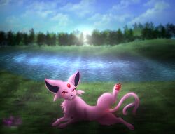 absurd_res astralia_(art) eeveelution espeon female feral forehead_gem fur gem generation_2_pokemon genitals grass hi_res nintendo pawpads paws pink_body pink_fur plant pokemon pokemon_(species) pussy red_eyes solo tail water watermark