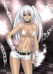 1girls belt black_rock_shooter bra breasts closed_mouth clothes color female female_only fingerless_gloves front_view gloves hair hand_on_hip houtengeki long_hair looking_at_viewer open_eyes pink_eyes shorts skimpy_clothes smile solo standing tan_skin tied_hair twintails white_hair white_rock_shooter