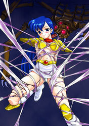 armor arms_behind_back asou_yuuko bikini_armor bikini_top blue_eyes blue_hair blush bondage boots captured clothing crotch_rope female gold monster mugen_senshi_valis navel panties pantyshot peril restrained shoulder_pads skirt solo spider spider_web sweatdrop valis very_long_hair web