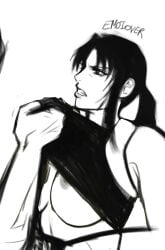 1girls annoyed annoyed_expression artist_name artist_request black_hair black_lagoon breasts emoiover emoiover female lifting_shirt nipples ponytail rebecca_lee revy shirt_lift