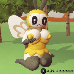 1girls 3d 3d_(artwork) anthro awk33368_(artist) big_breasts breast_focus breasts breasts_out confused dripping_milk furry furry_female furry_only holding_breast honey leg_warmers legwear on_knees pokemon pokemon_(species) pussy rec_room recroom ribombee solo solo_focus thick_thighs wings