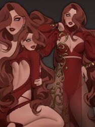 1boy artist_request back_view brown_hair brown_hair_male brunette brunette_hair dress earrings eros_(krow07) femboy feminine_male krow07 light-skinned_male light_skin lipstick long_hair male no_pupils original original_character red_lipstick solo solo_male white_eyes