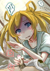 abukuma_(kantai_collection) admiral_(kantai_collection) blonde_hair blue_eyes blush double_bun female hair_rings handjob kantai_collection little_penis long_hair penis precum school_uniform serafuku solo_focus sweat tears translated trembling wakie