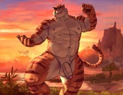 2025 5_fingers anthro balls biped countershade_face countershade_fur countershade_torso countershading felid fingers fur genitals gigasaddle glans humanoid_genitalia humanoid_penis male mammal muscular muscular_anthro muscular_male pantherine penis solo striped_body striped_fur stripes tail tiger