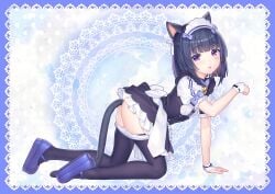 absurdres all_fours anal anal_object_insertion anal_tail animal_ears arm_up ass black_dress black_hair black_thighhighs butt_plug cat_ears cat_tail clothes_lift commentary_request dress dress_lift fake_animal_ears fake_tail female from_side highres looking_at_viewer maid_headdress minazuki_shigure name_tag nekopara object_insertion official_art open_mouth panties panty_pull paw_pose pet_play purple_eyes purple_shoes sayori_(neko_works) second-party_source sex_toy shigure_(sayori) shoes short_hair short_sleeves smile solo tail thighhighs thighs underwear waitress white_panties wrist_cuffs