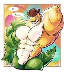 1male 2024 abs alligator anthro arm_raised big_muscles big_pecs cowboy_hat digital_media_(artwork) gummigoo_(the_amazing_digital_circus) gummy_(food) gummy_creature its_coldpizzart male muscles muscular muscular_male musk musk_clouds non-human pecs sweating tagme text the_amazing_digital_circus