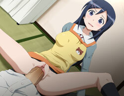 aragaki_ayase blood blue_eyes blue_hair blush breasts circle_anco clitoris female hairclip highres legs long_hair looking_down male medium_breasts no_panties open_mouth ore_no_imouto_ga_konna_ni_kawaii_wake_ga_nai penis pussy sex sitting skirt socks spread_legs straight sweatdrop thighs uncensored vaginal_penetration veiny_penis virgin