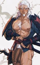 1boy bara bare_pectorals chest_hair commentary dreamplpe english_commentary facial_hair flaccid foreskin goatee highres hisuian_samurott holding holding_sword holding_weapon huge_cock japanese_clothes katana large_pectorals long_hair looking_at_viewer male_focus male_pubic_hair muscular muscular_male nipples pectorals penis personification pokemon pubic_hair red_eyes scar scar_on_chest sheath sheathed solo sword testicles variant_set veins veiny_penis weapon white_hair