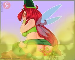 betilla_(rayman) big_ass big_breasts blush blushing_female carafalsa covering_face covering_mouth embarrassed_female fairy fairy_wings fart fart_cloud fart_fetish freckles freckles_on_arms freckles_on_ass freckles_on_face freckles_on_shoulders green_hair gross rayman_(series) rayman_legends red_hair thick_ass underboob upper_body upskirt